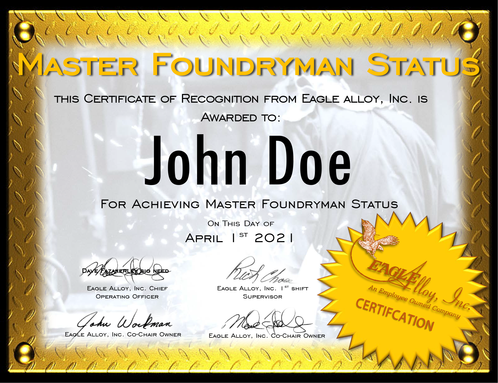 Master Foundryman Status Certificate