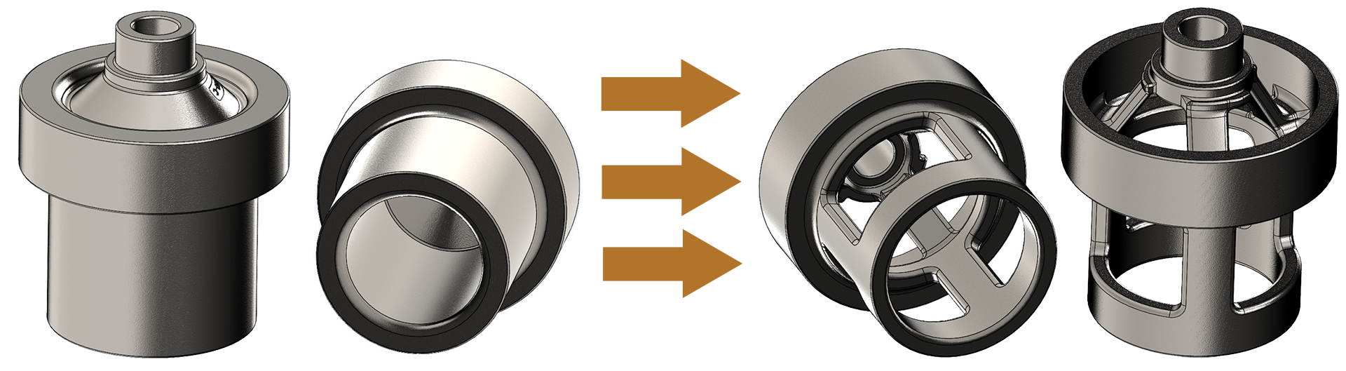 Hayes part, before and after: cast part design without weight reduction compared to cast part with weight reduction design 